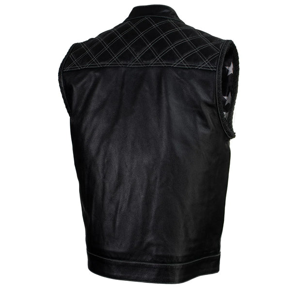 Men's Black Leather Motorcycle Vest Stars and Stripes Design